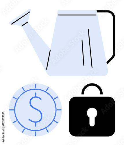 Watering can pouring symbolic growth with dollar coin and lock representing financial safety, investment, and nurturing progress. Ideal for finance, investment, security, savings, protection, growth