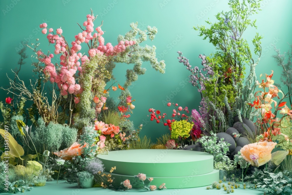 Fototapeta premium Floral Product Display Stage with Diverse Botanical Specimens on Light Green Backdrop