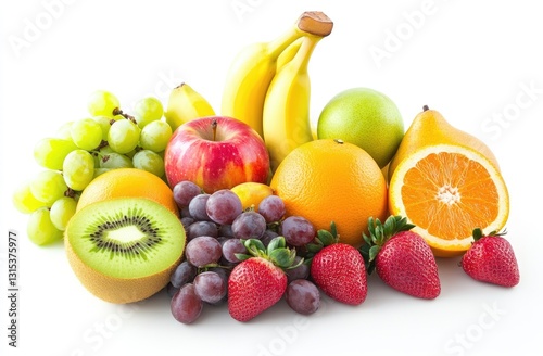 Assorted fresh fruits on white background photo