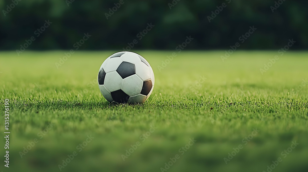 Classic Leather Soccer Ball On Lush Green Grass Field Under Golden Sunlight Ready For Kickoff