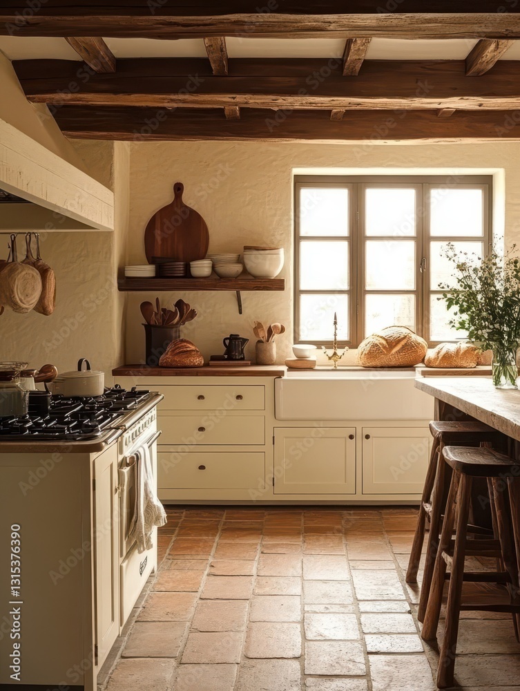 Rustic kitchen shows old world charm with wooden accents Rustic kitchen shows old world charm with wooden accents