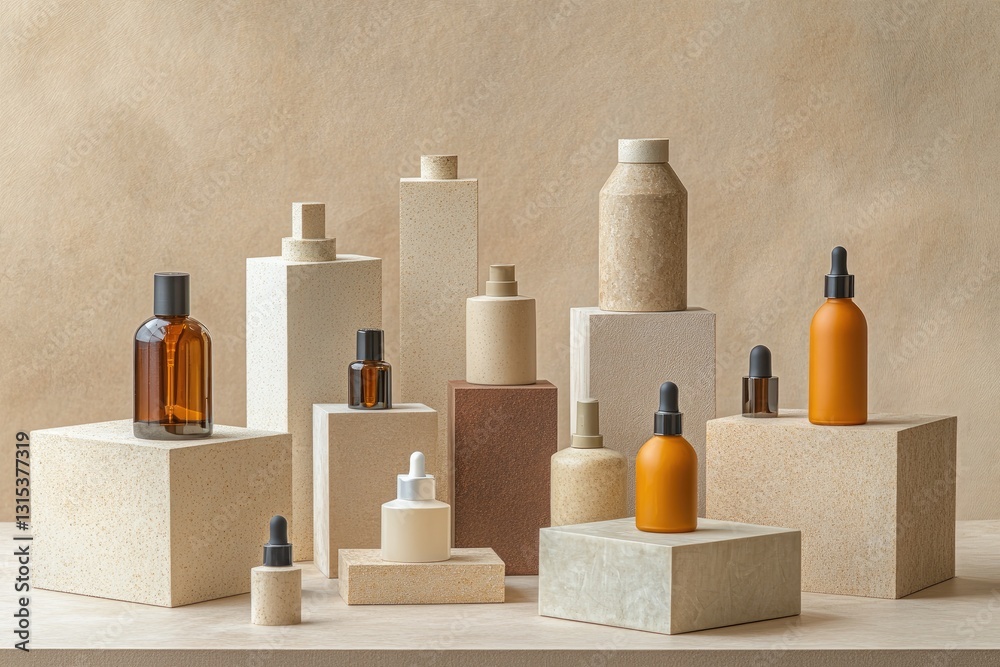 Beige & neutral cosmetic bottles & jars on display podiums Beige & neutral cosmetic bottles & jars on display podiums