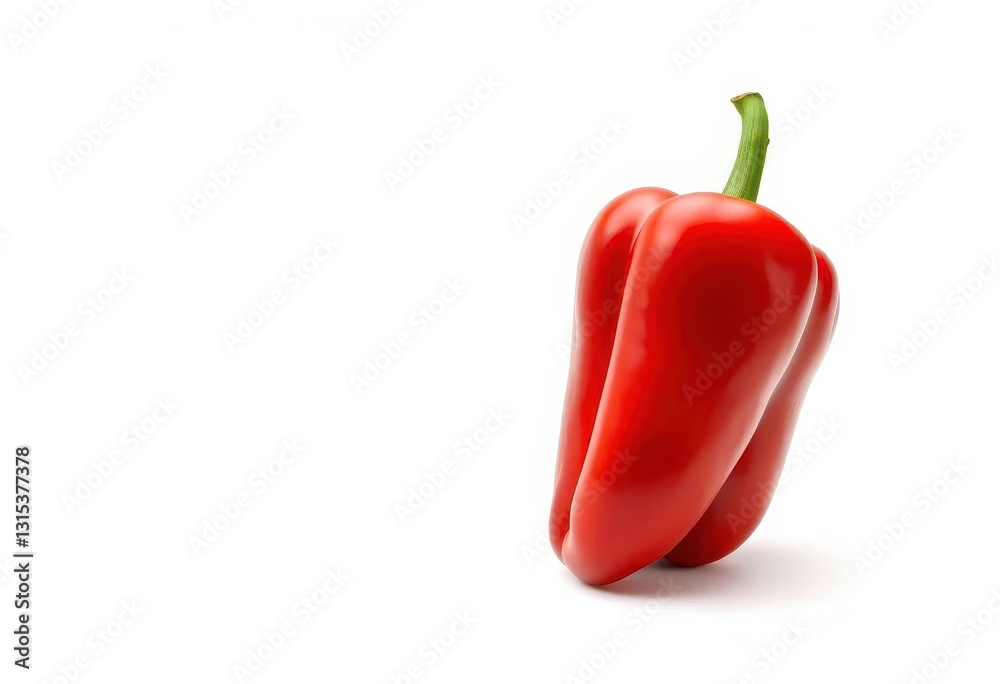 Single vibrant red bell pepper, perfectly isolated on pure white backdrop, red, background Single vibrant red bell pepper, perfectly isolated on pure white backdrop, red, background