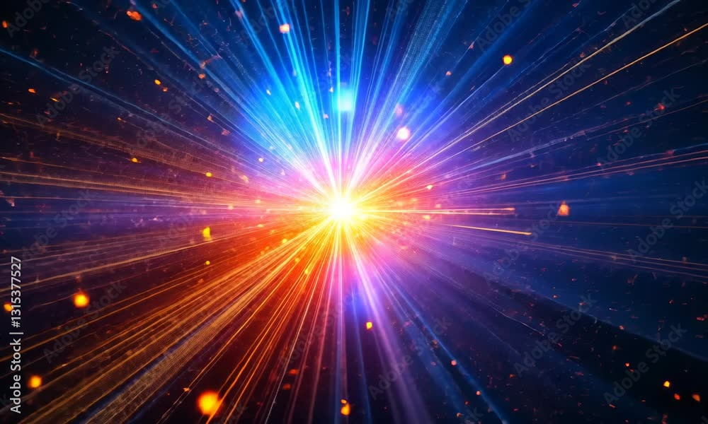 Radiant energy burst expanding into cosmic spectrum with colorful light trails Radiant energy burst expanding into cosmic spectrum with colorful light trails