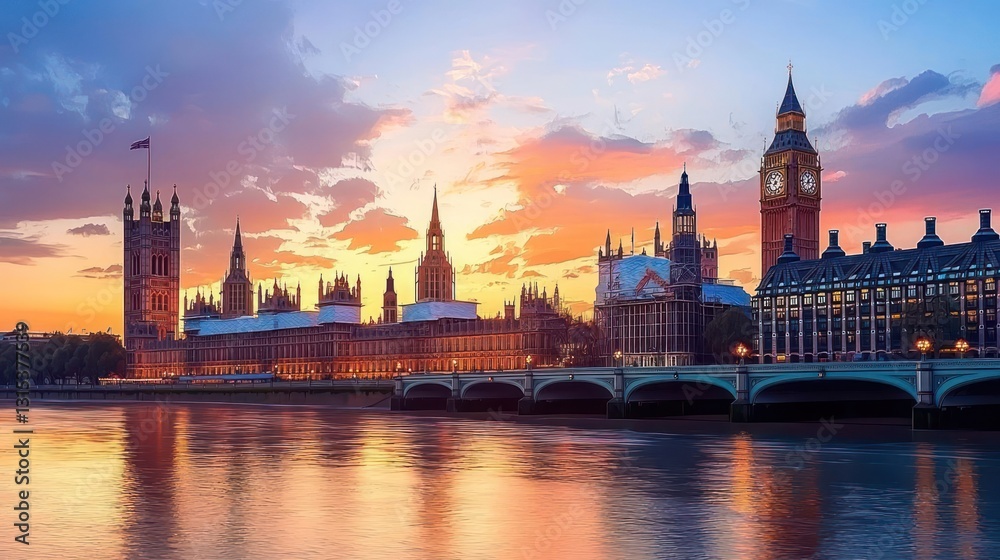 Obraz premium Golden Sunset Illuminates London Skyline Reflecting Buildings and Towers Across River Thames