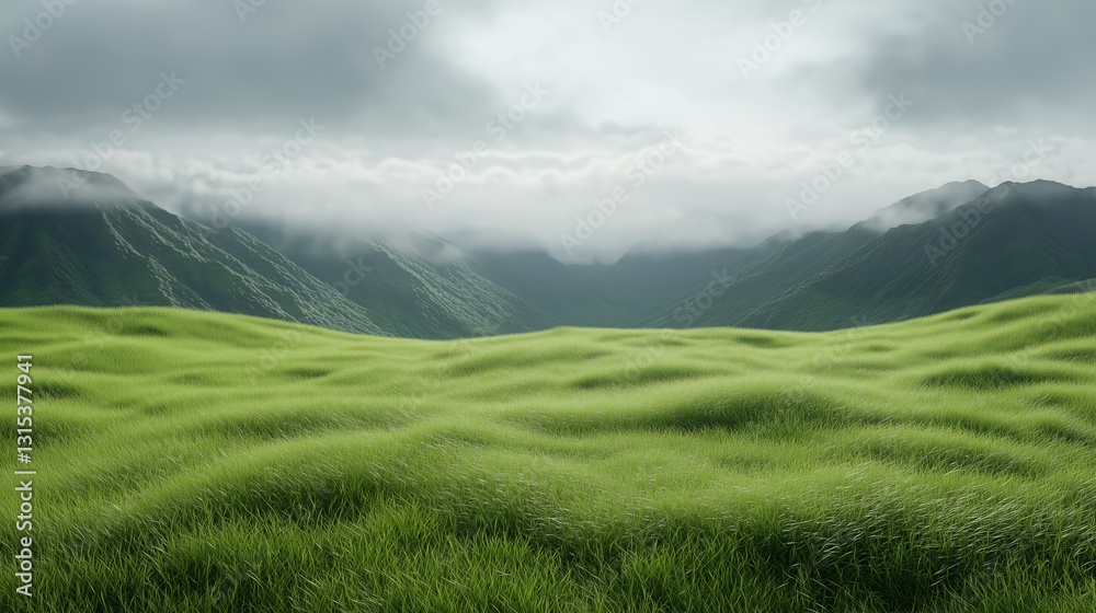 Fototapeta premium A vast, green field with a cloudy sky in the background. The field is full of grass and the sky is overcast