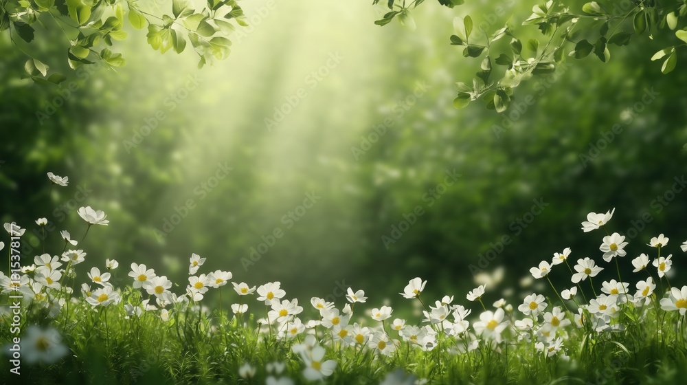 Fototapeta premium A field of white flowers with a bright green background. The flowers are scattered throughout the field, with some closer to the foreground and others further back. The bright green background