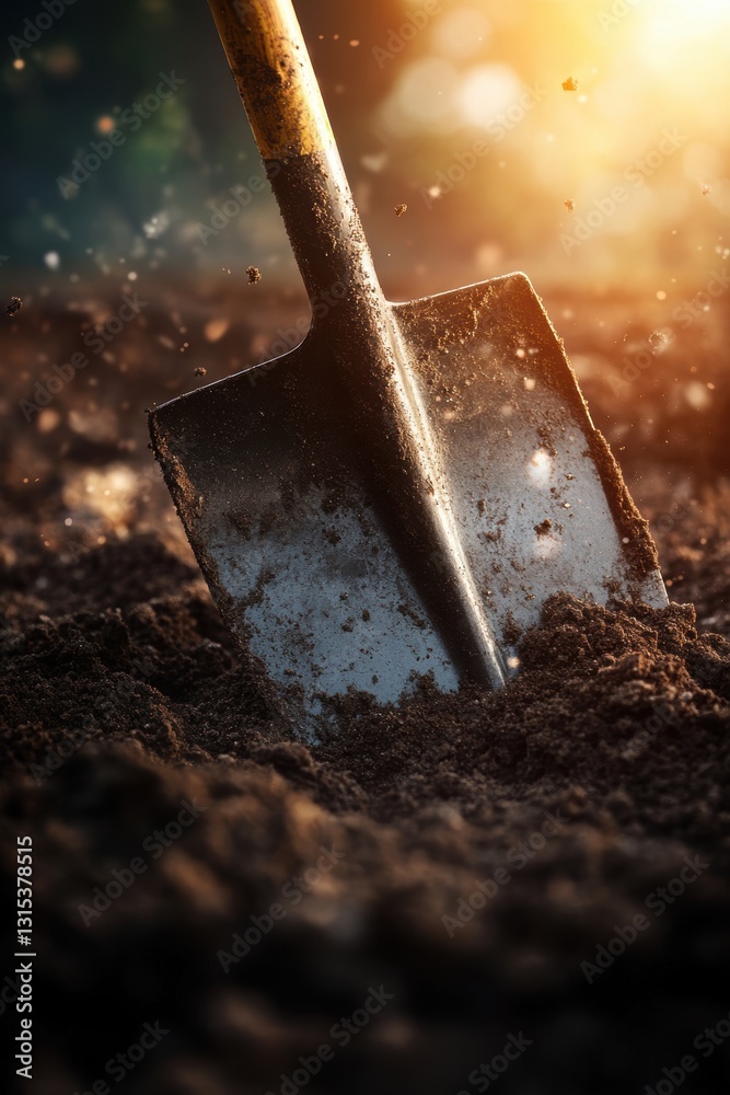 Closeup view of a garden shovel in field.