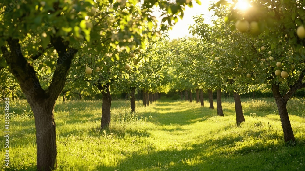 Fototapeta premium A large orchard of apple trees with a bright sunny day. The trees are full of fruit and the grass is lush and green