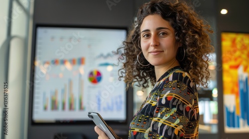 A young woman with long dark hair, holding a digital wallet while standing next to a financial chart illustrating the growth of tech stocks