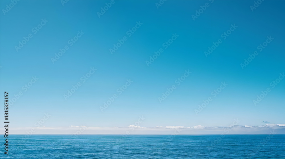 Obraz premium Tranquil Deep Blue Ocean Meets Clear Sky With Distant Clouds on Horizon in Sunny Seascape