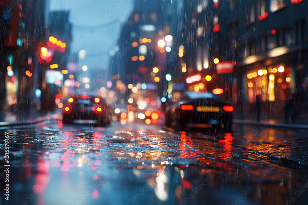 Fototapeta premium Evening City Lights Reflecting on Wet Asphalt After Rain – Soft-Focused Background with Cars and Buildings in a Dreamy Urban Scene
