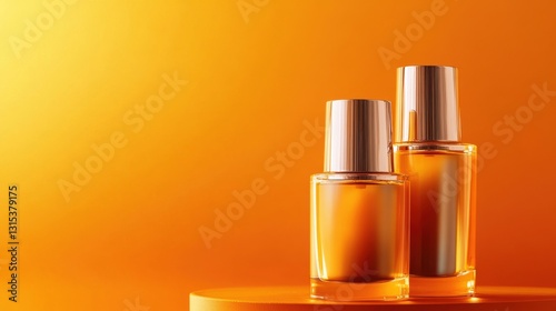 Minimalist mockup of glass cosmetic bottles with yellow cream, on an orange background