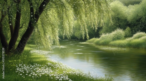 Fototapeta Naklejka Na Ścianę i Meble -  A painting of a river with a tree in the foreground. The painting has a peaceful and serene mood, with the water and grass creating a calming atmosphere