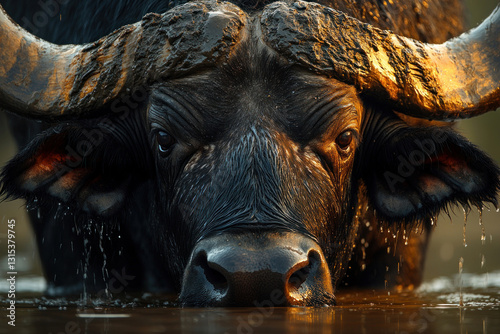 a powerful African buffalo standing in the water. Its massive horns are covered in mud, and drops of water run off its fur, creating a dynamic effect.  