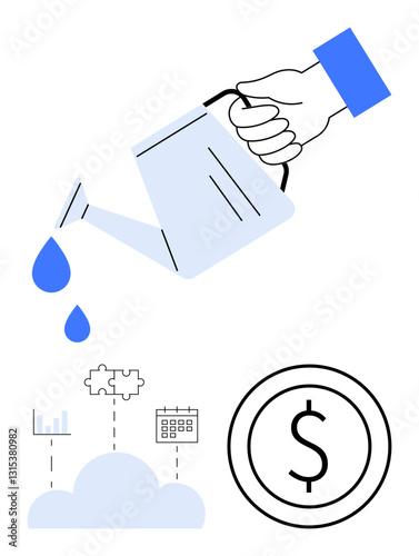 Hand pouring water from a watering can symbolizes nurturing growth, cloud graphics depict analytics, puzzle piece conceptualizes strategy, calendar signifies planning, and money suggests outcomes