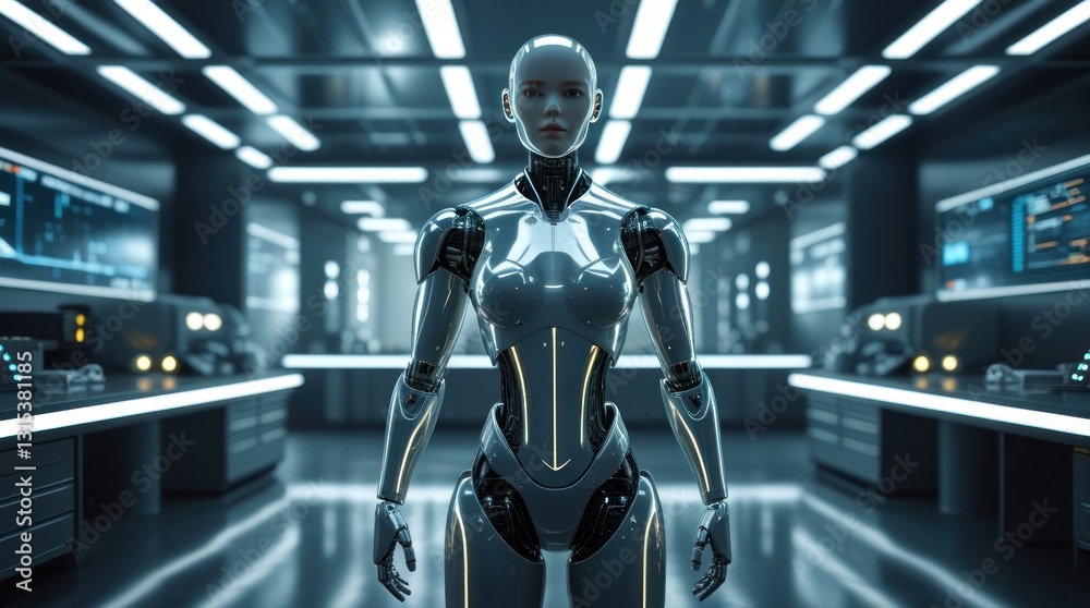 Futuristic Robot in High-Tech Laboratory Setting, Advanced AI Technology, Science Fiction Conce Futuristic Robot in High-Tech Laboratory Setting, Advanced AI Technology, Science Fiction Conce