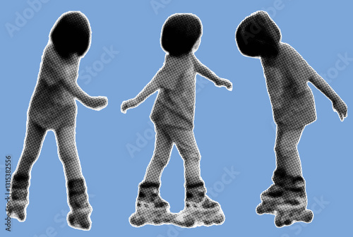 set of young girl playing roller skate pixelate color halftone dotted texture style collage element isolated on blue background