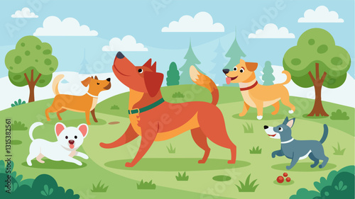 Dogs happily playing and chasing each other around the park while their owners watch fondly.. Vector illustration