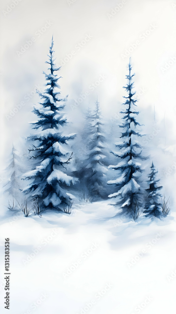 Fototapeta premium Snowy Winter Forest Watercolor