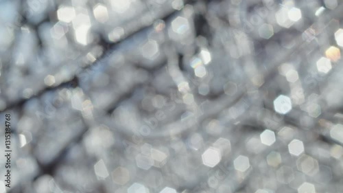 Blurred winter background with hexagonal bokeh light reflections on frozen tree branches. Abstract shimmering effect. Nature-inspired texture for design and print.