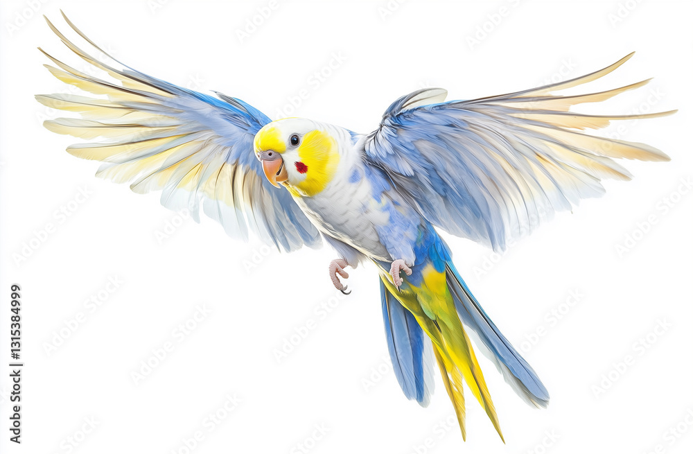 Obraz premium Colorful parrot with spread wings in flight on a white background