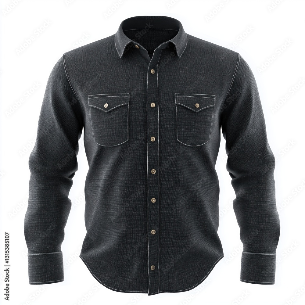 Charcoal , long-sleeved, button-down shirt, with visible texture and detail, and simple, classic button-down collar and chest pockets Charcoal , long-sleeved, button-down shirt, with visible texture and detail, and simple, classic button-down collar and chest pockets