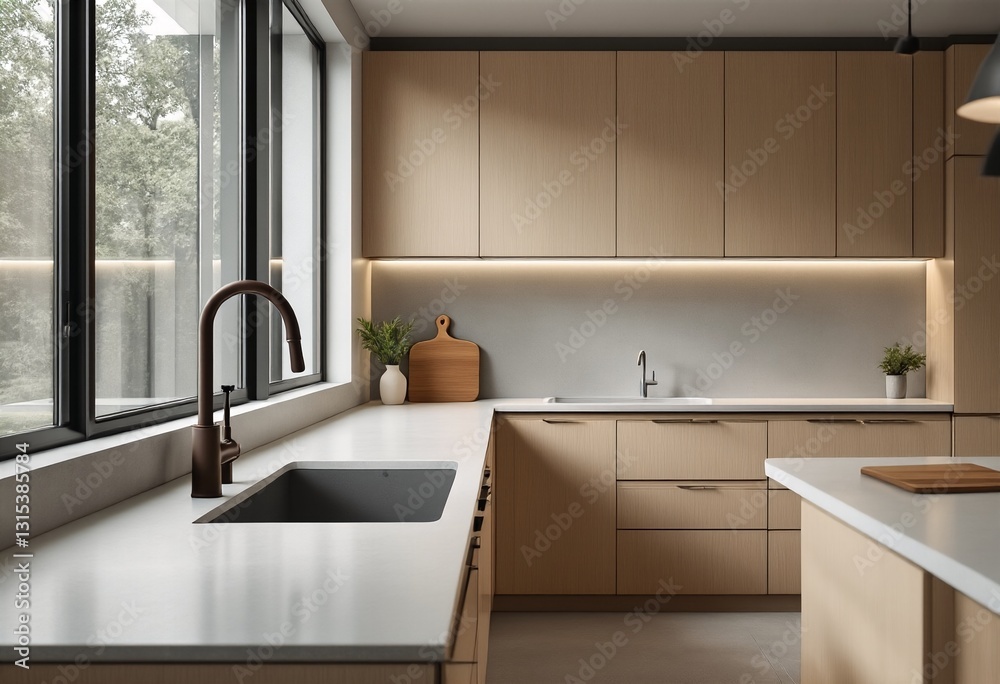 Modern Kitchen with Light Wood Cabinets and White Countertops. Modern Kitchen with Light Wood Cabinets and White Countertops.