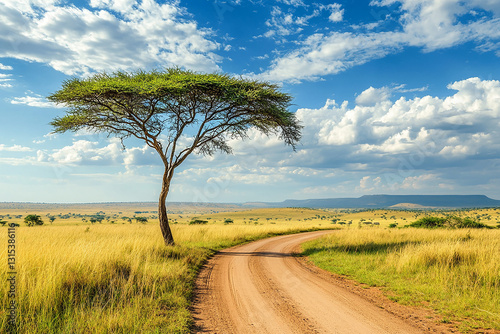 Scenic depiction of a vast landscape showcasing a broad road extending towards the horizon, accompanied by a prominent acacia tree, sprawling grasslands, majestic mountains in the background