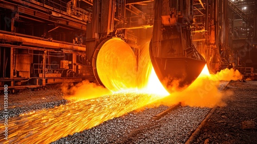 Hot metal flows from machinery inside a dark industrial setting