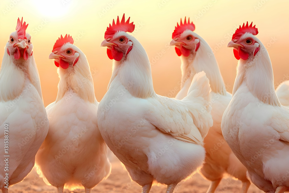 Fototapeta premium White Chickens at Sunset