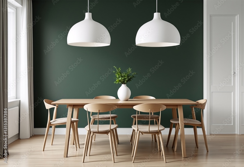 Fototapeta premium A modern dining room with a long wooden table and chairs set against a dark green wall.