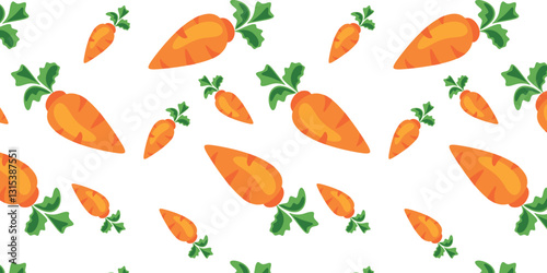 carrot seamless pattern with vibrant green leaves perfect for food and vegetable themed designs, ideal for packaging, branding, website backgrounds, textiles, and more in eco friendly, farm fresh styl