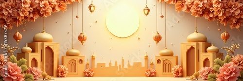 Eid al-Fitr and Eid al-Adha banner design featuring a mosque silhouette, sunset and decorative lanterns. Islamic themed celebration banner