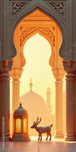 Eid al-Fitr and Eid al-Adhavertical banner design featuring a mosque silhouette, sunset and decorative lanterns. Islamic themed celebration banner
