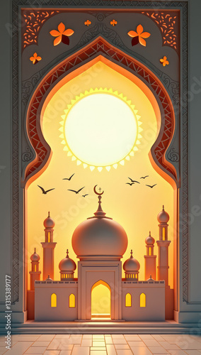 Eid al-Fitr and Eid al-Adhavertical banner design featuring a mosque silhouette, sunset and decorative lanterns. Islamic themed celebration banner