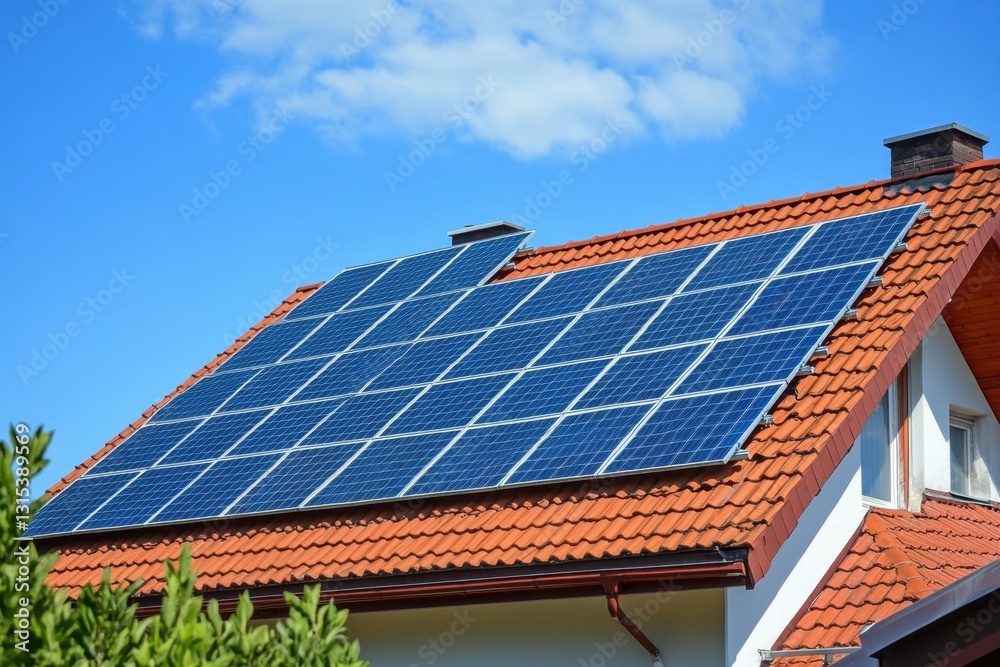 Solar panels mounted on a house roof with red tiles under a clear blue sky. Generated AI Solar panels mounted on a house roof with red tiles under a clear blue sky. Generated AI