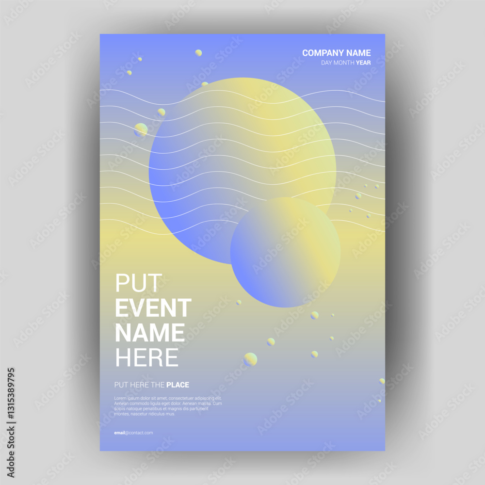 Fototapeta premium Abstract event poster design with pastel spheres, wavy lines, and space theme