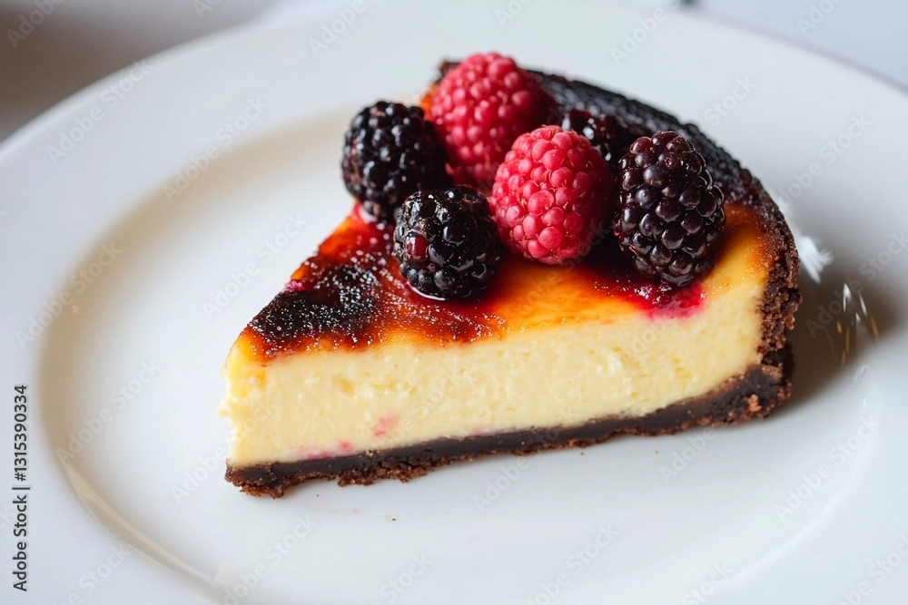 A tempting slice of cheesecake is displayed on a white plate, garnished with ripe raspberries and blackberries, showcasing rich colors and textures perfect for dessert lovers A tempting slice of cheesecake is displayed on a white plate, garnished with ripe raspberries and blackberries, showcasing rich colors and textures perfect for dessert lovers