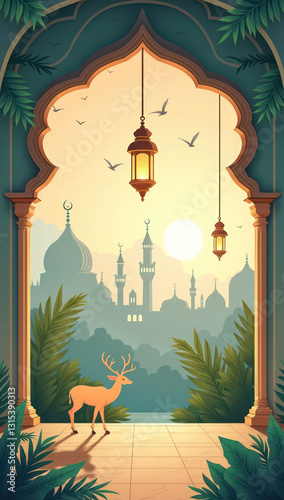 Eid al-Fitr and Eid al-Adhavertical banner design featuring a mosque silhouette, sunset and decorative lanterns. Islamic themed celebration banner