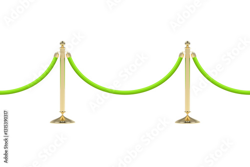 Barriers with green rope, seamless line. Realistic image of golden stanchion poles, velvet rope. Isolated on white background. Vector illustration