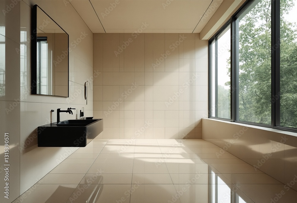 Fototapeta premium Modern bathroom with two black sinks and large windows.