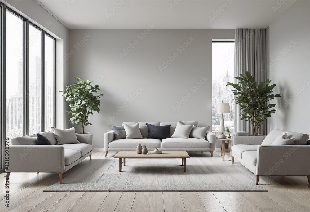 Fototapeta premium A Modern Minimalist Living Room with Light Grey Walls and a Sleek, Contemporary Aesthetic.