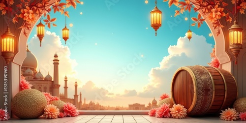 Eid al-Fitr and Eid al-Adha banner design featuring lanterns and a bright blue sky, for Islamic celebrations