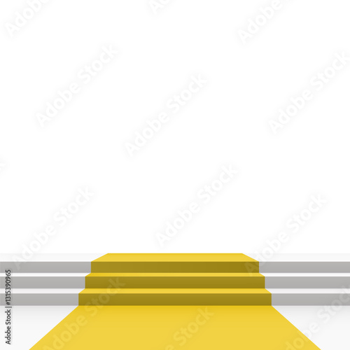 Yellow carpet on stairs on white background. Blank template illustration with space for an object, person, logo, text. Presentation, gala, ceremony, awards concept.