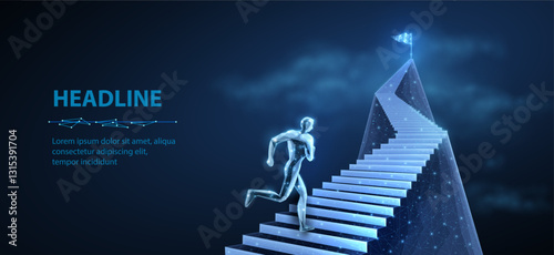 Man running up the stairs. Career path, digital technology, step to success, business growth.