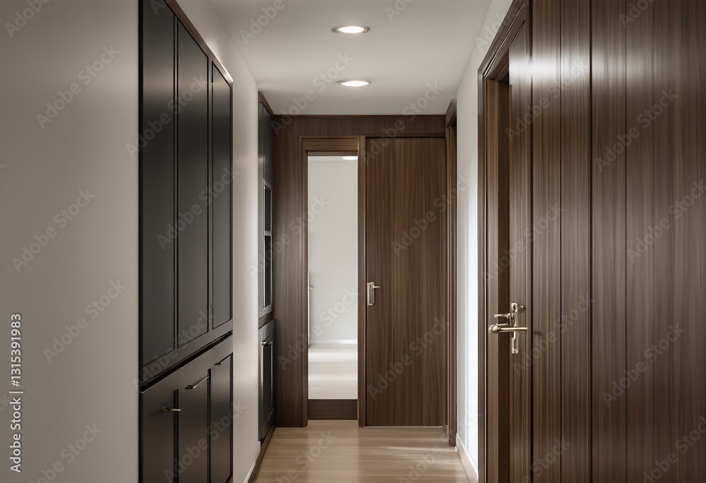 A hallway with wood paneling on the walls and doors leading to other rooms. A hallway with wood paneling on the walls and doors leading to other rooms.