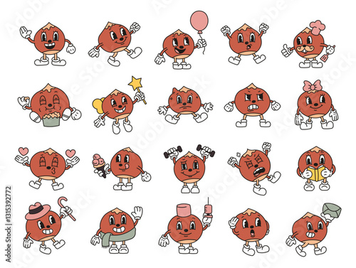 Chestnut character set with different emotions, accessories, and activities in a groovy retro cartoon style, bringing fun, charm, and creativity for yours various artistic and design projects.
