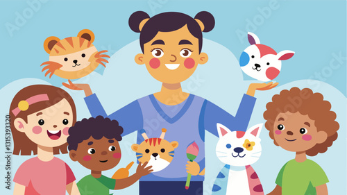 A talented face painter offers her services for free creating adorable animal designs on the faces of excited children.. Vector illustration
