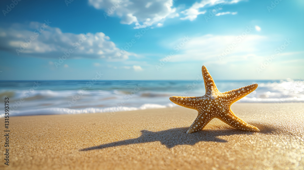 Tropical summer sand beach with starfish on coastline and sky background. Summer holiday vacation on sea or beach concept. Tropical summer sand beach with starfish on coastline and sky background. Summer holiday vacation on sea or beach concept.